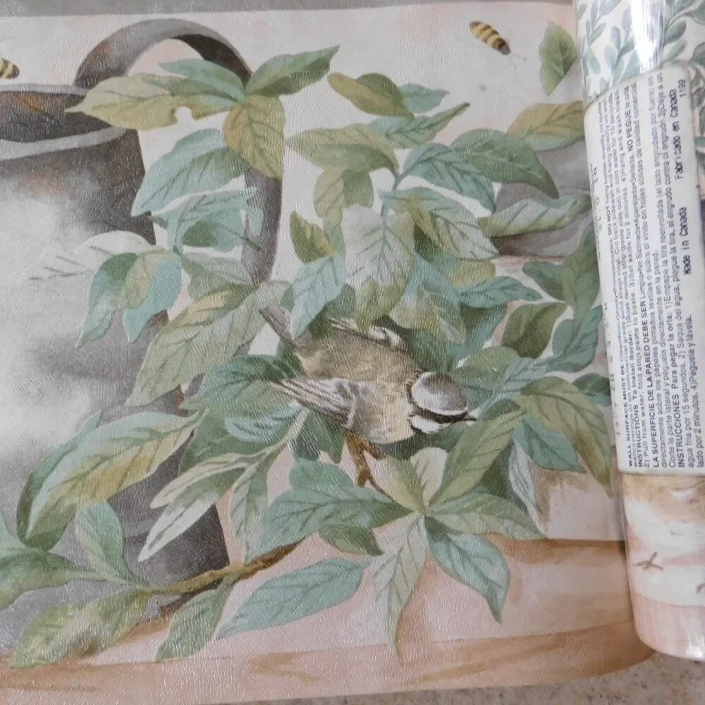 VTG Cottagecore Wallpaper Border Flower Pots‎ Bird Feeder Birds 15 Yards
